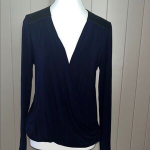 CAbi Navy Wrap Blouse with Black Faux leather Patches - Size Small